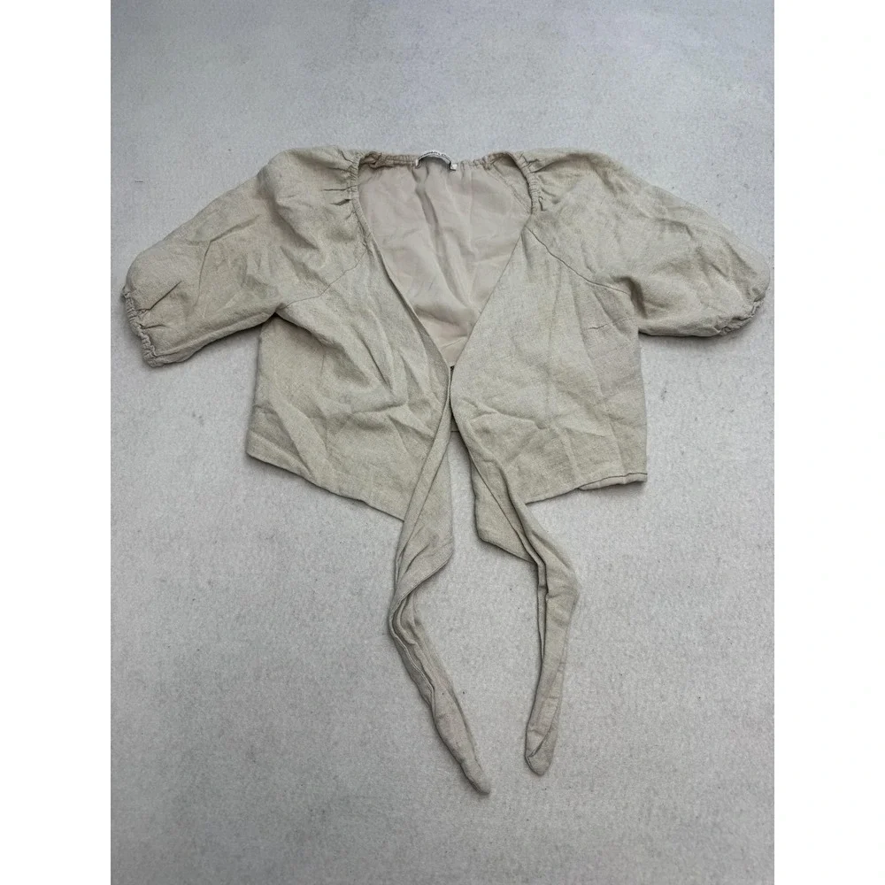 Abercrombie & Fitch Blouse Women's XS Beige Linen Blend Puff Sleeve Tie Front